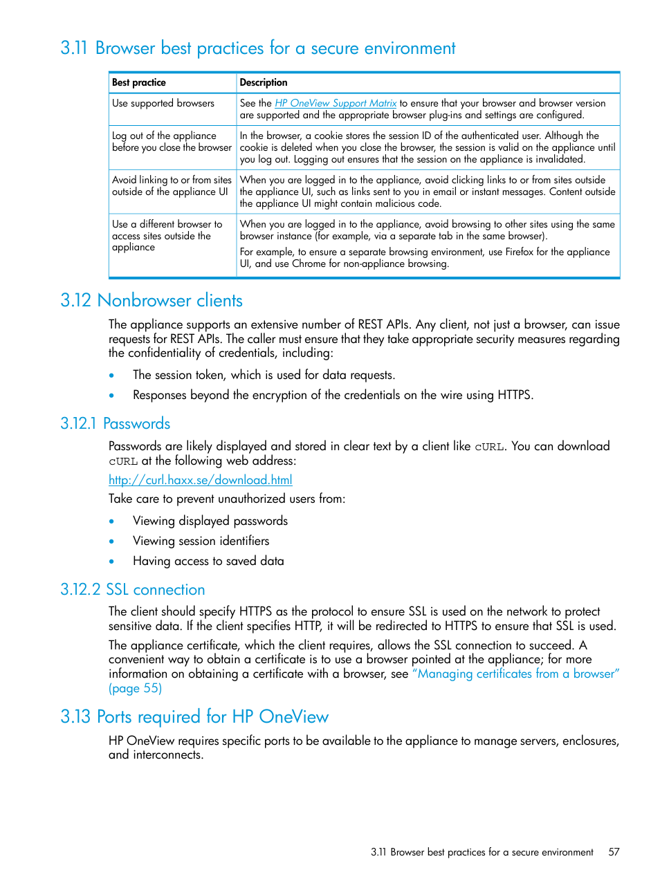 11 browser best practices for a secure environment, 12 nonbrowser clients, 1 passwords | 2 ssl connection, 13 ports required for hp oneview, 1 passwords 3.12.2 ssl connection | HP OneView User Manual | Page 57 / 344