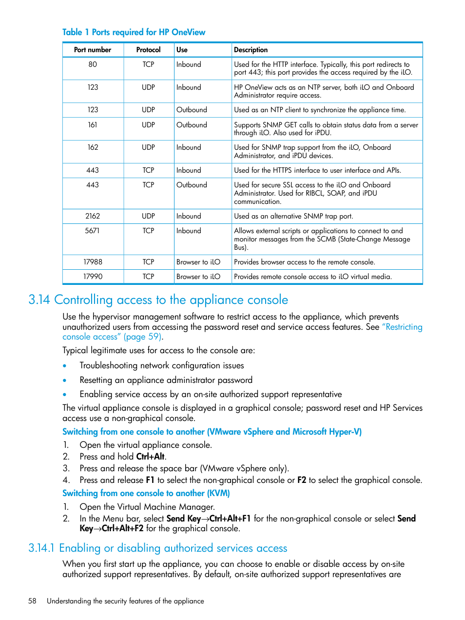 14 controlling access to the appliance console, 1 enabling or disabling authorized services access | HP OneView User Manual | Page 58 / 344