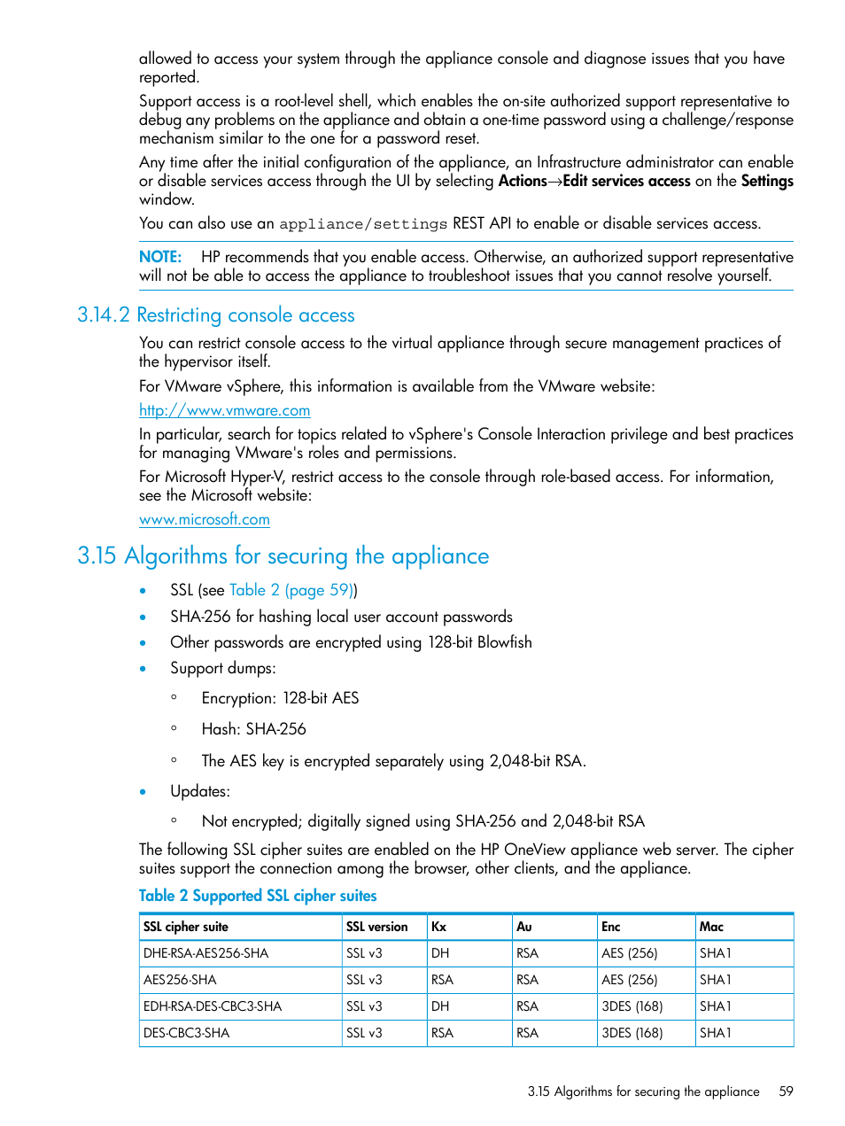 2 restricting console access, 15 algorithms for securing the appliance | HP OneView User Manual | Page 59 / 344