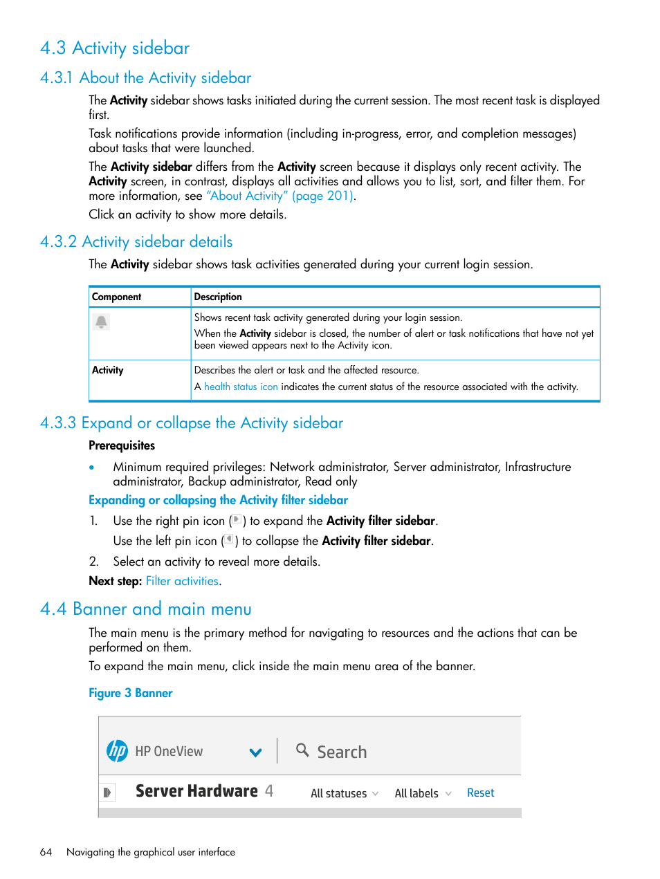 3 activity sidebar, 1 about the activity sidebar, 2 activity sidebar details | 3 expand or collapse the activity sidebar, 4 banner and main menu, Hp oneview main menu, Activity control, Server hardware 4, Search | HP OneView User Manual | Page 64 / 344