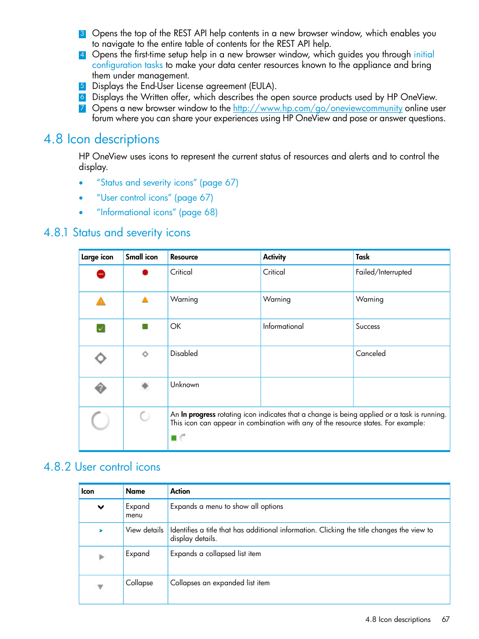 8 icon descriptions, 1 status and severity icons, 2 user control icons | Status icon, Health status icon | HP OneView User Manual | Page 67 / 344