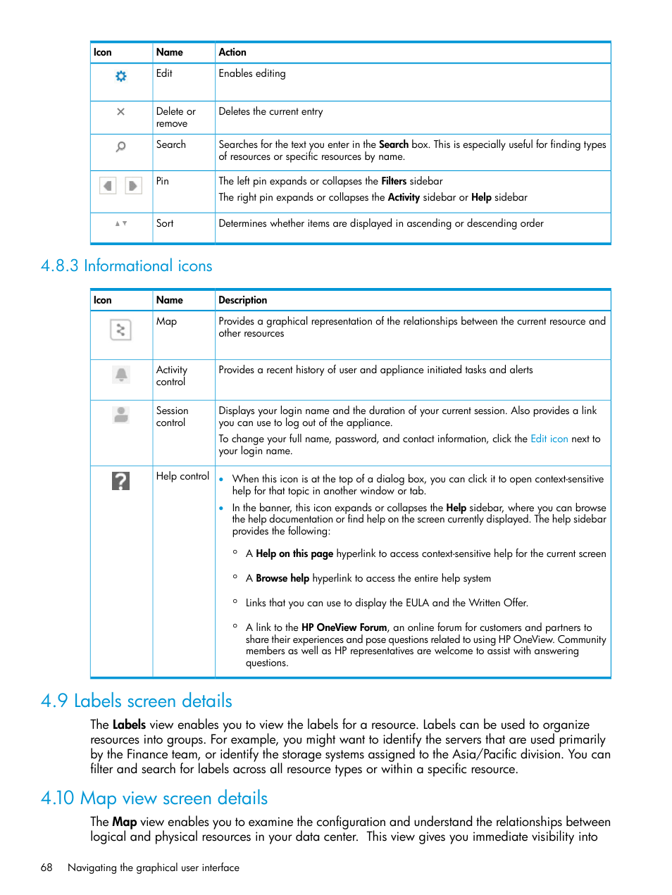 3 informational icons, 9 labels screen details, 10 map view screen details | HP OneView User Manual | Page 68 / 344