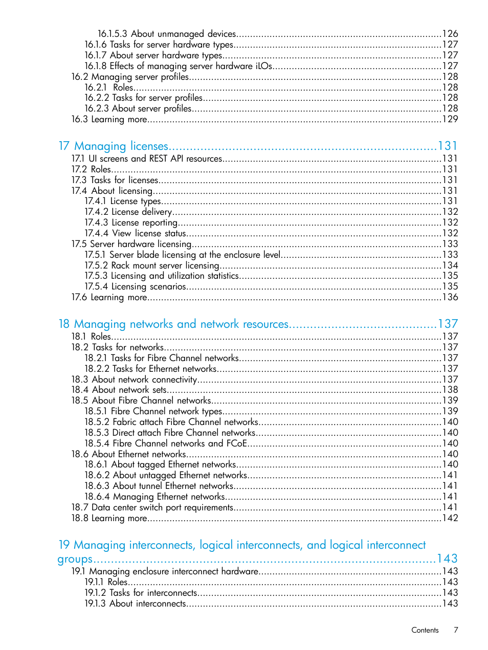 17 managing licenses, 18 managing networks and network resources | HP OneView User Manual | Page 7 / 344