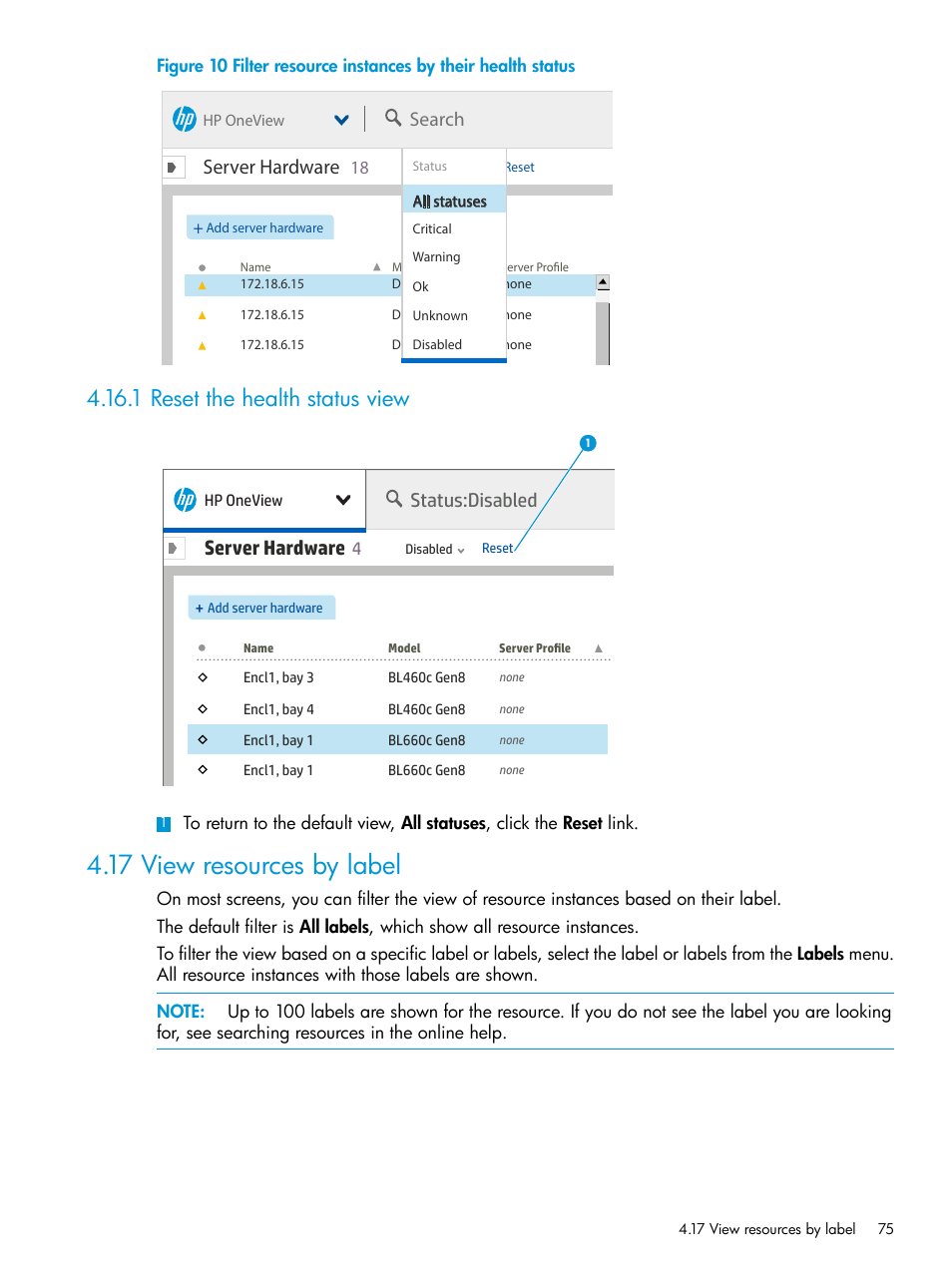 1 reset the health status view, 17 view resources by label, Server hardware | Search, Status:disabled | HP OneView User Manual | Page 75 / 344