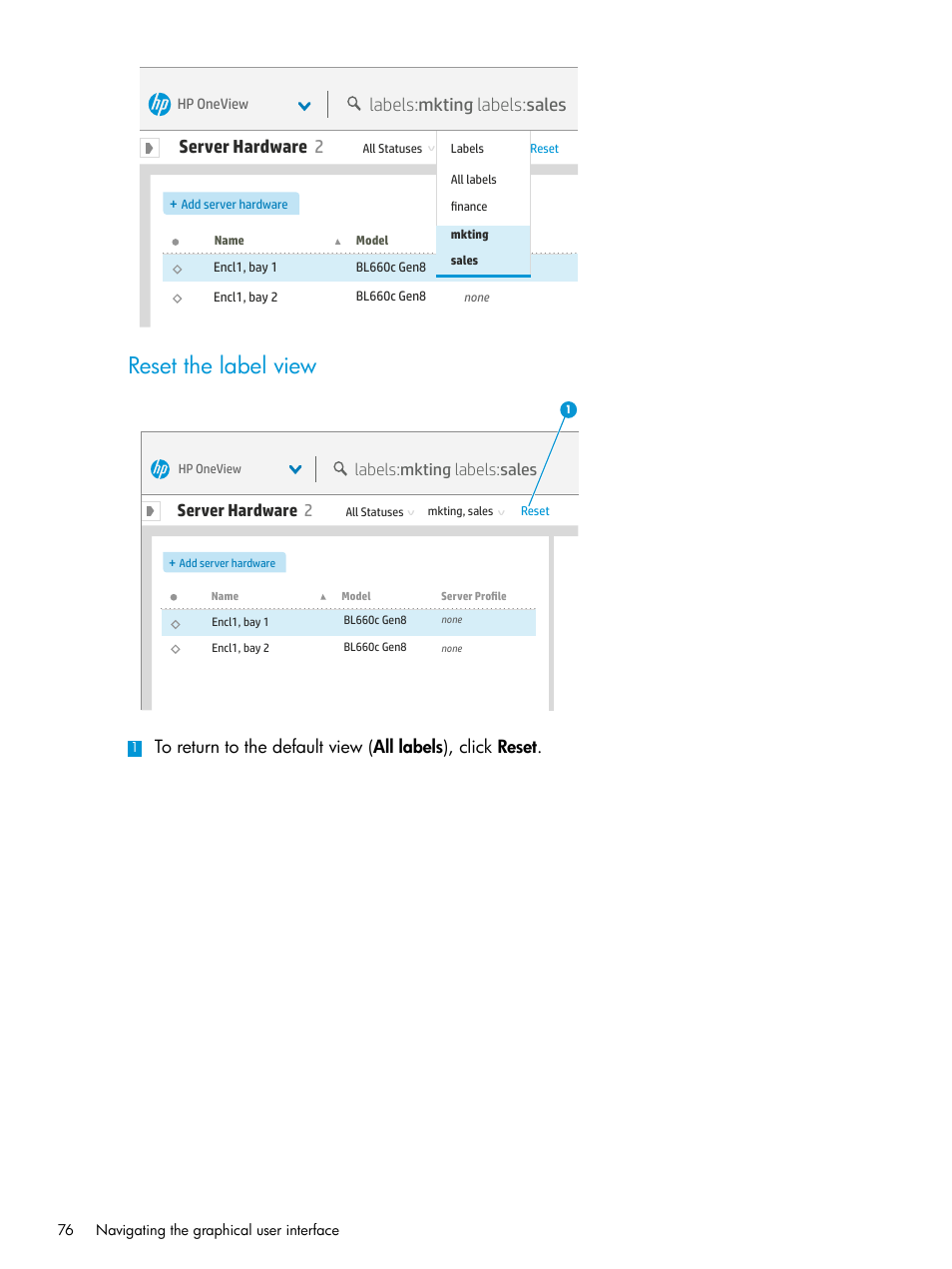 Reset the label view, Server hardware 2, Labels: mkting labels:sales | HP OneView User Manual | Page 76 / 344