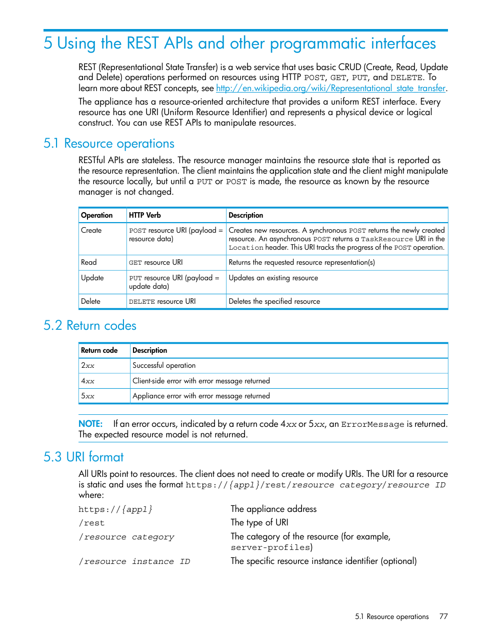 1 resource operations, 2 return codes, 3 uri format | HP OneView User Manual | Page 77 / 344