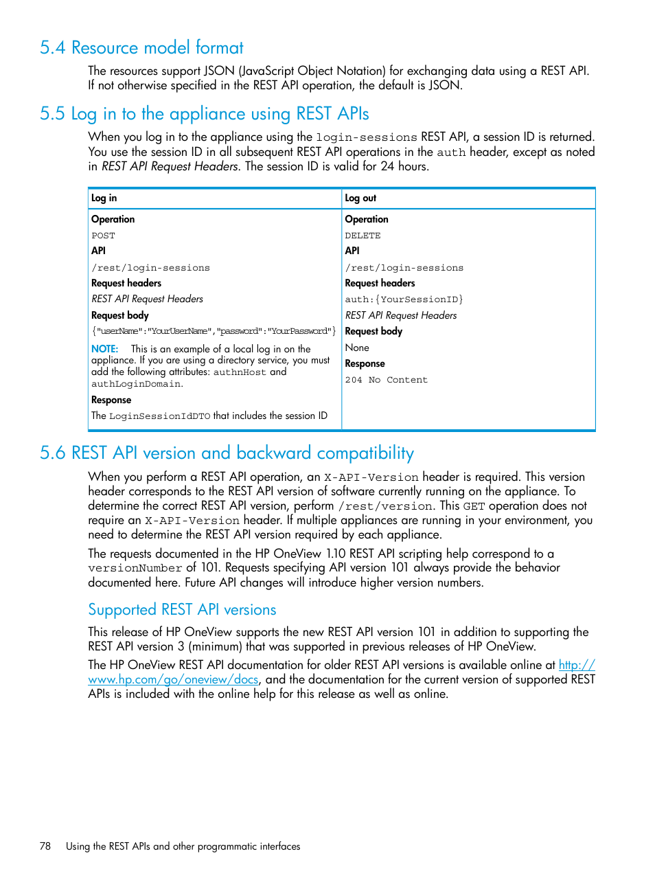 4 resource model format, 5 log in to the appliance using rest apis, 6 rest api version and backward compatibility | Supported rest api versions | HP OneView User Manual | Page 78 / 344