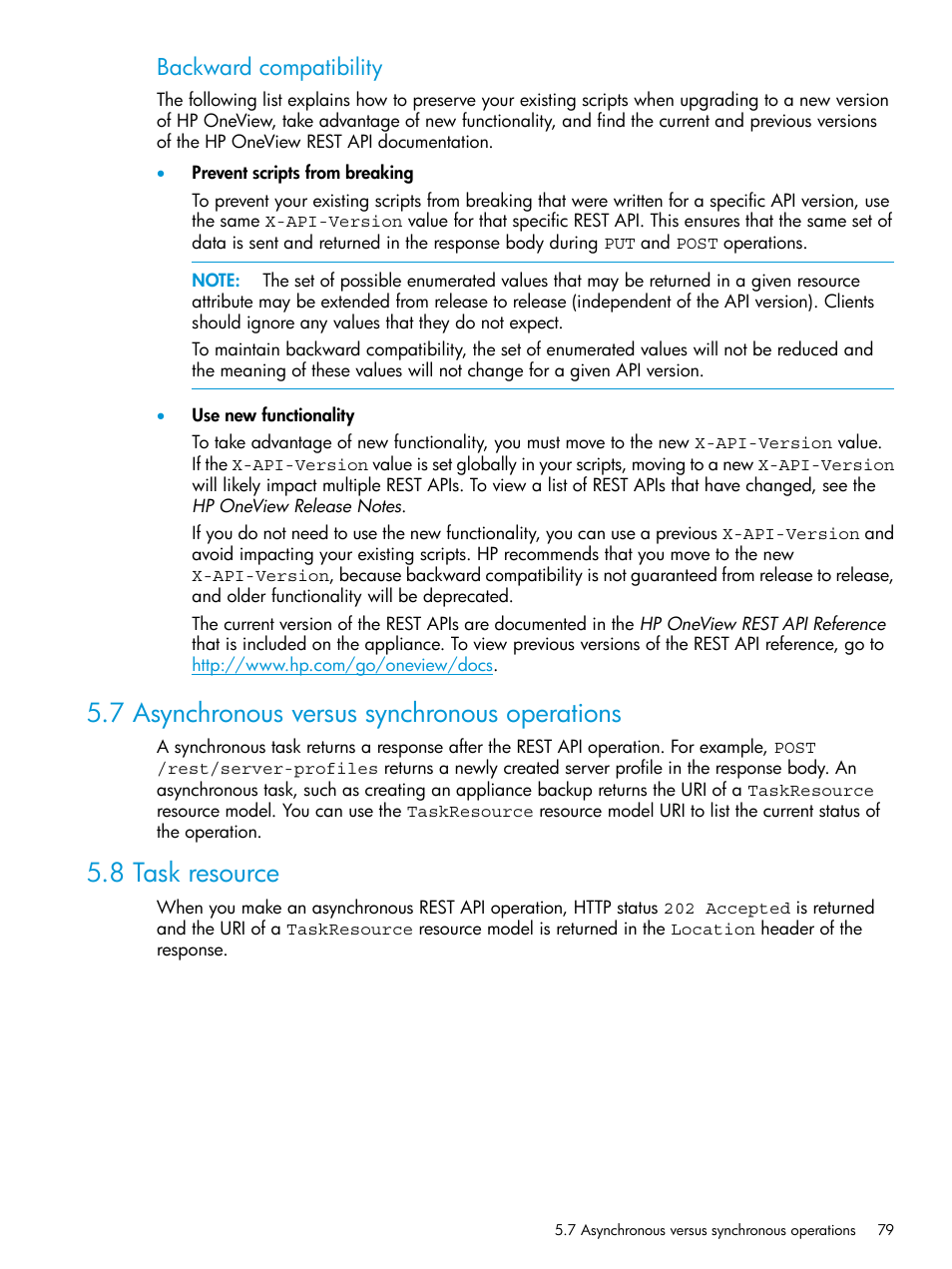 7 asynchronous versus synchronous operations, 8 task resource, Backward compatibility | HP OneView User Manual | Page 79 / 344