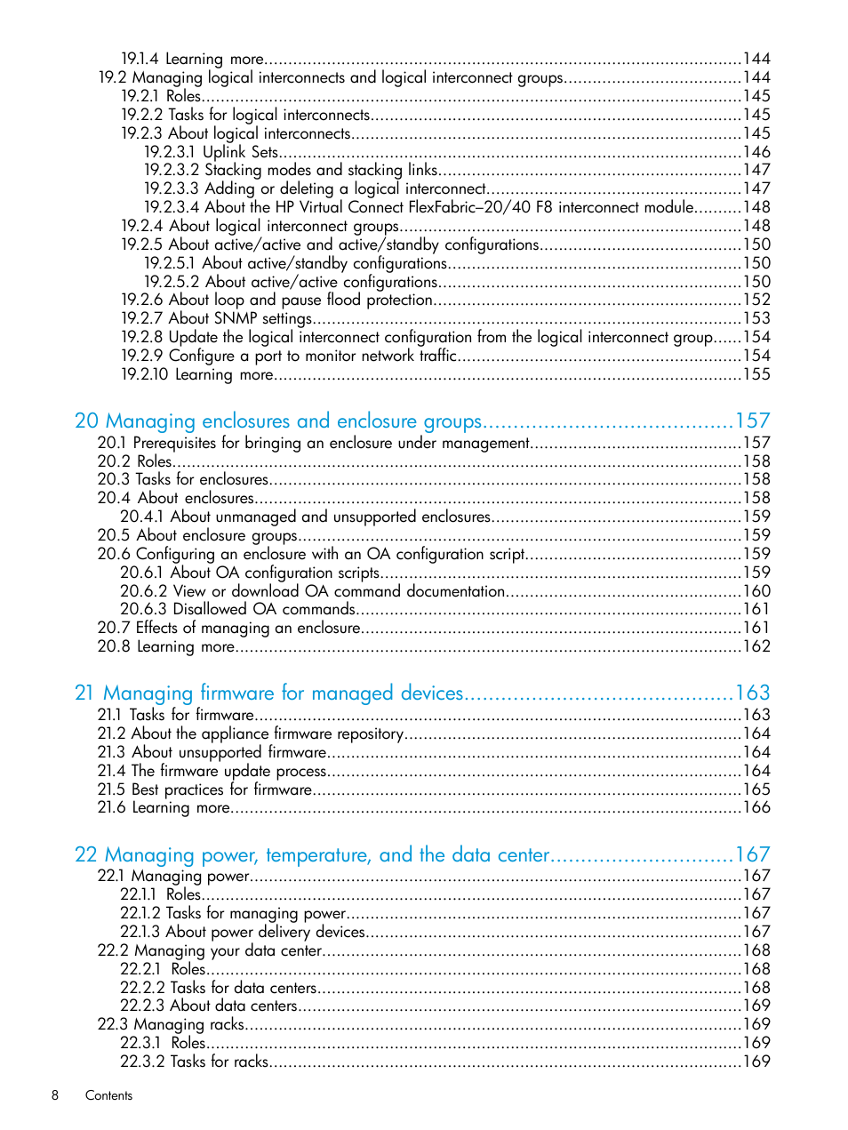 20 managing enclosures and enclosure groups, 21 managing firmware for managed devices | HP OneView User Manual | Page 8 / 344