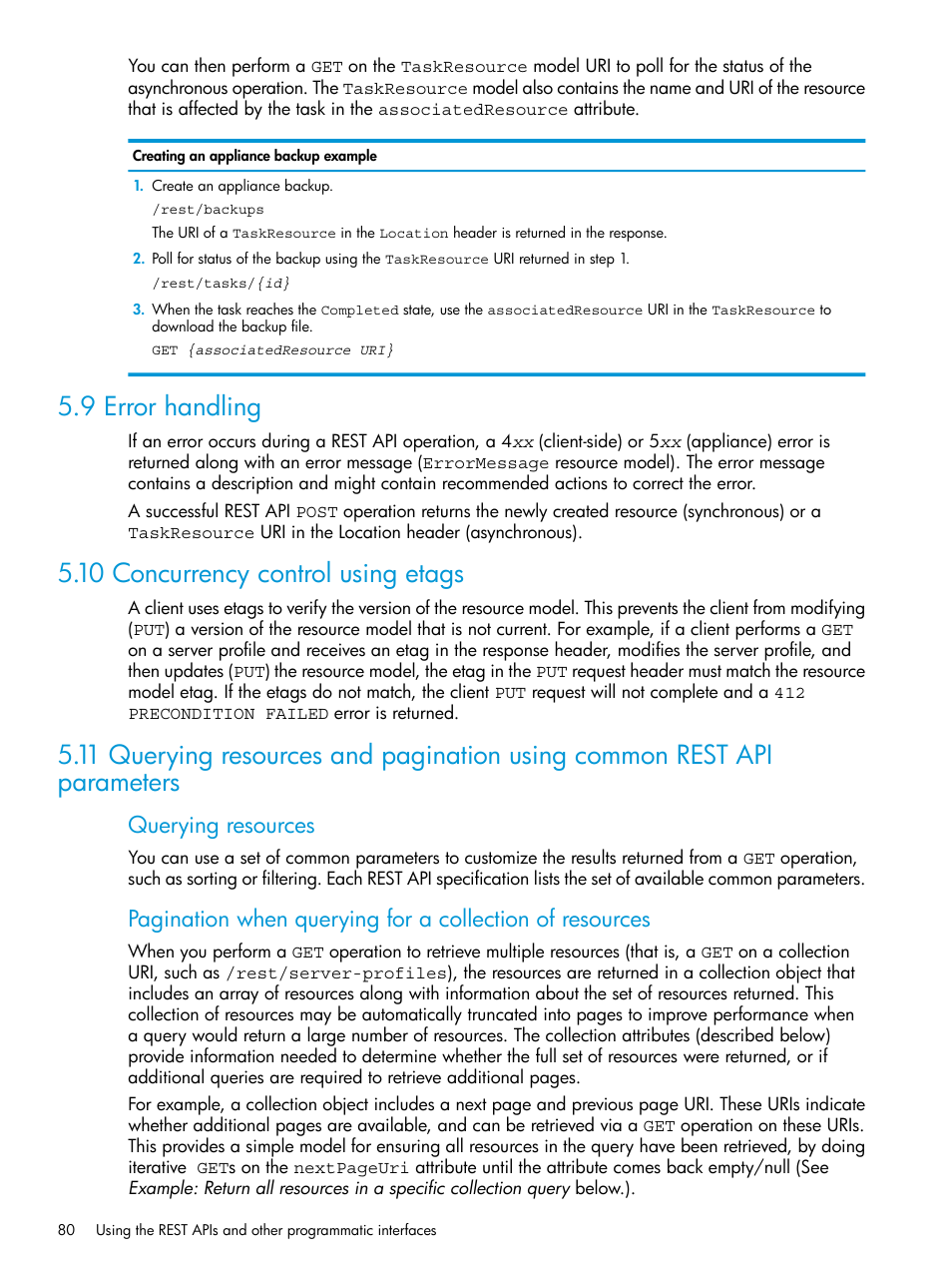 9 error handling, 10 concurrency control using etags, Querying resources | HP OneView User Manual | Page 80 / 344