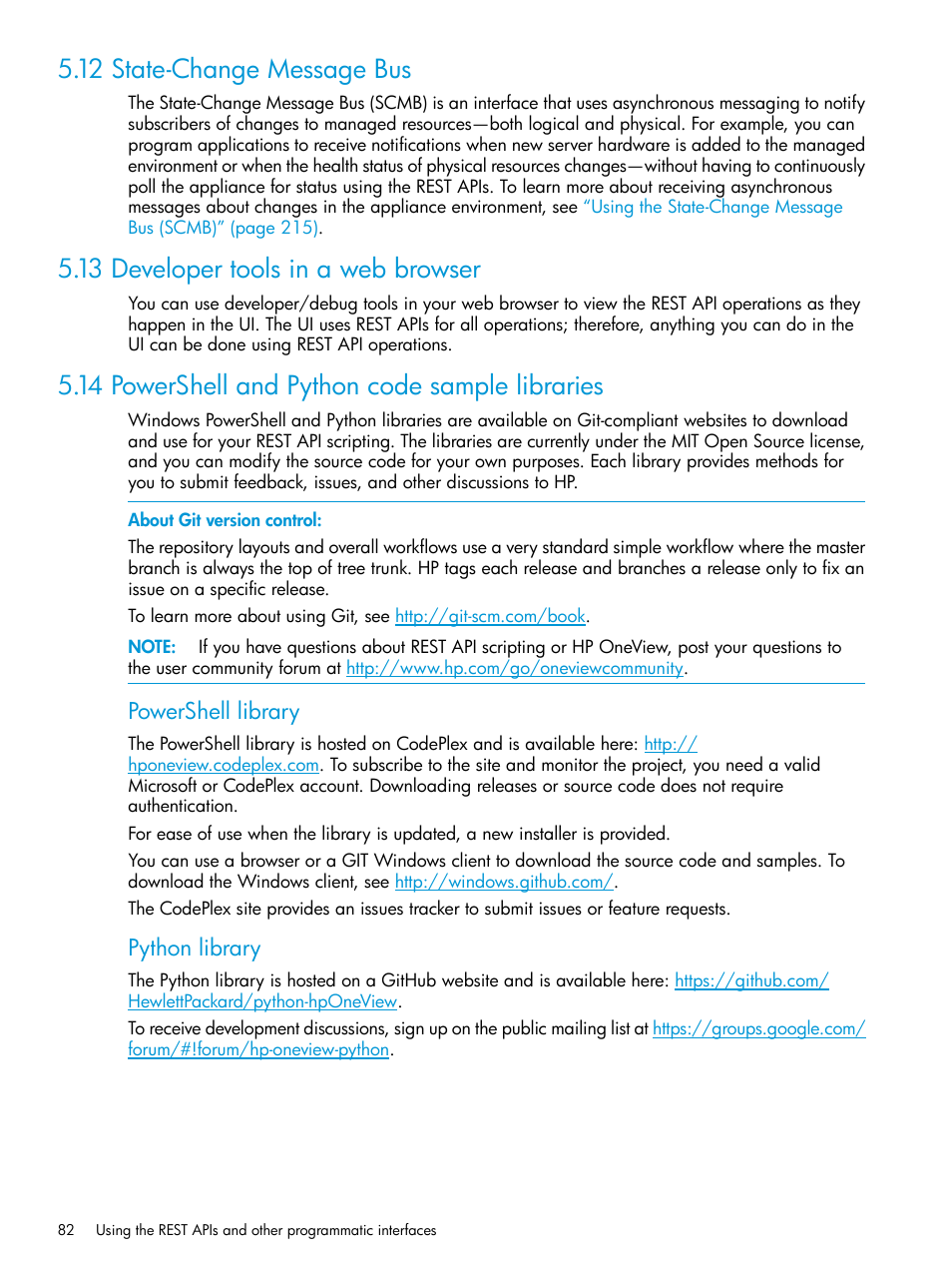 12 state-change message bus, 13 developer tools in a web browser, 14 powershell and python code sample libraries | Powershell library, Python library | HP OneView User Manual | Page 82 / 344