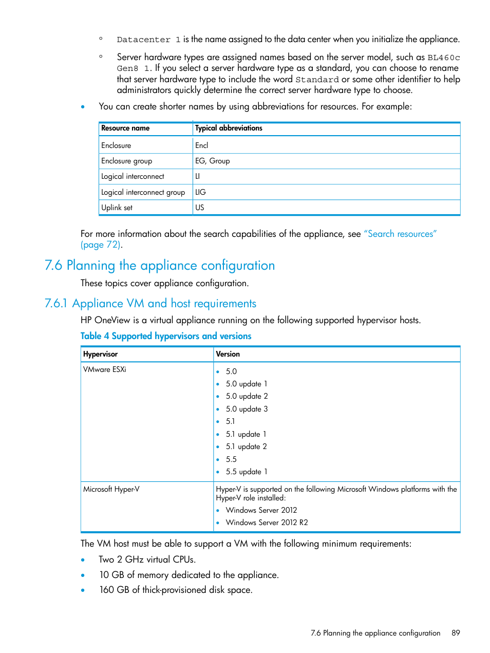 6 planning the appliance configuration, 1 appliance vm and host requirements | HP OneView User Manual | Page 89 / 344