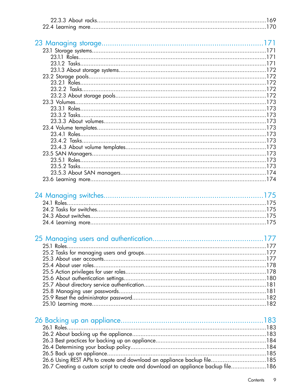 23 managing storage, 24 managing switches, 25 managing users and authentication | 26 backing up an appliance | HP OneView User Manual | Page 9 / 344