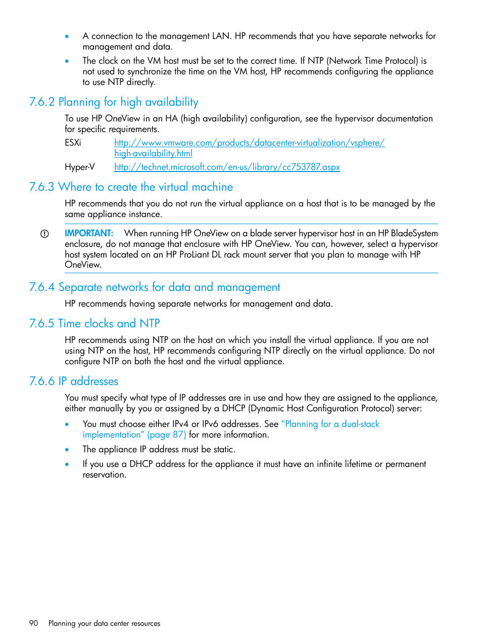 2 planning for high availability, 3 where to create the virtual machine, 4 separate networks for data and management | 5 time clocks and ntp, 6 ip addresses | HP OneView User Manual | Page 90 / 344