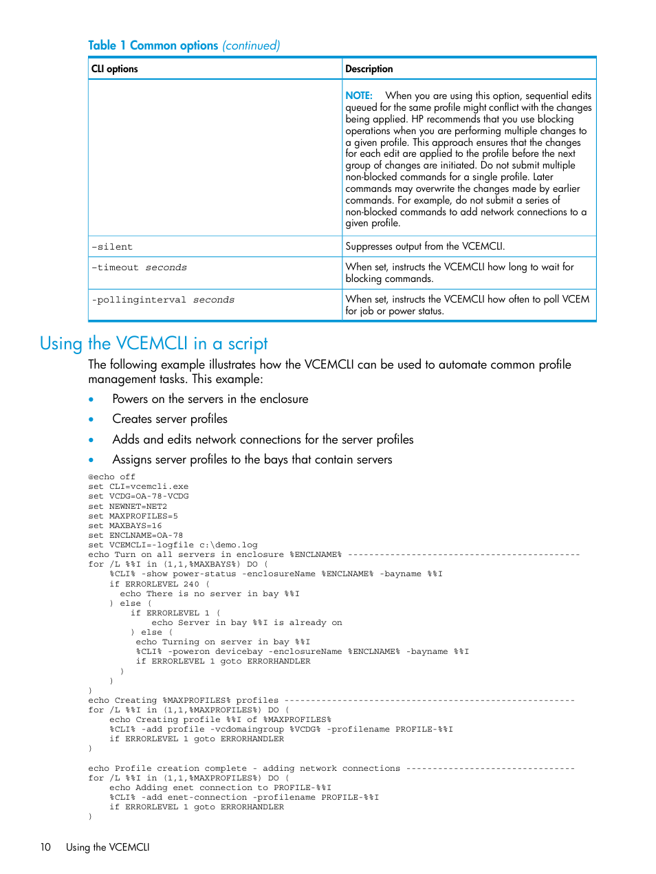 Using the vcemcli in a script | HP Insight Management-Software User Manual | Page 10 / 113