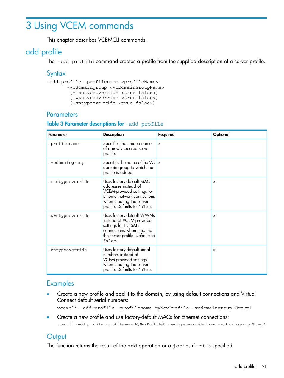 3 using vcem commands, Add profile, Syntax | Parameters, Examples, Output | HP Insight Management-Software User Manual | Page 21 / 113