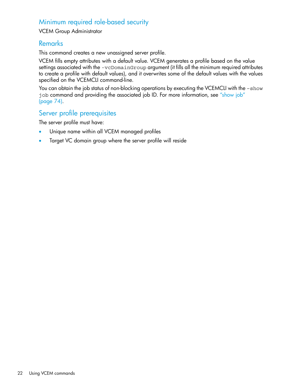 Minimum required role-based security, Remarks, Server profile prerequisites | HP Insight Management-Software User Manual | Page 22 / 113