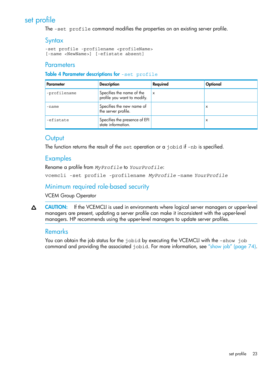 Set profile, Syntax, Parameters | Output, Examples, Minimum required role-based security, Remarks | HP Insight Management-Software User Manual | Page 23 / 113