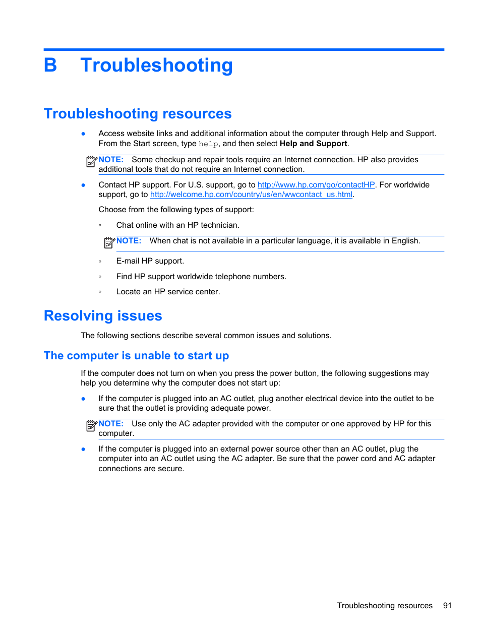 Troubleshooting, Troubleshooting resources, Resolving issues | The computer is unable to start up, Appendix b troubleshooting, Troubleshooting resources resolving issues, Btroubleshooting | HP ProBook 4446s Notebook-PC User Manual | Page 101 / 110