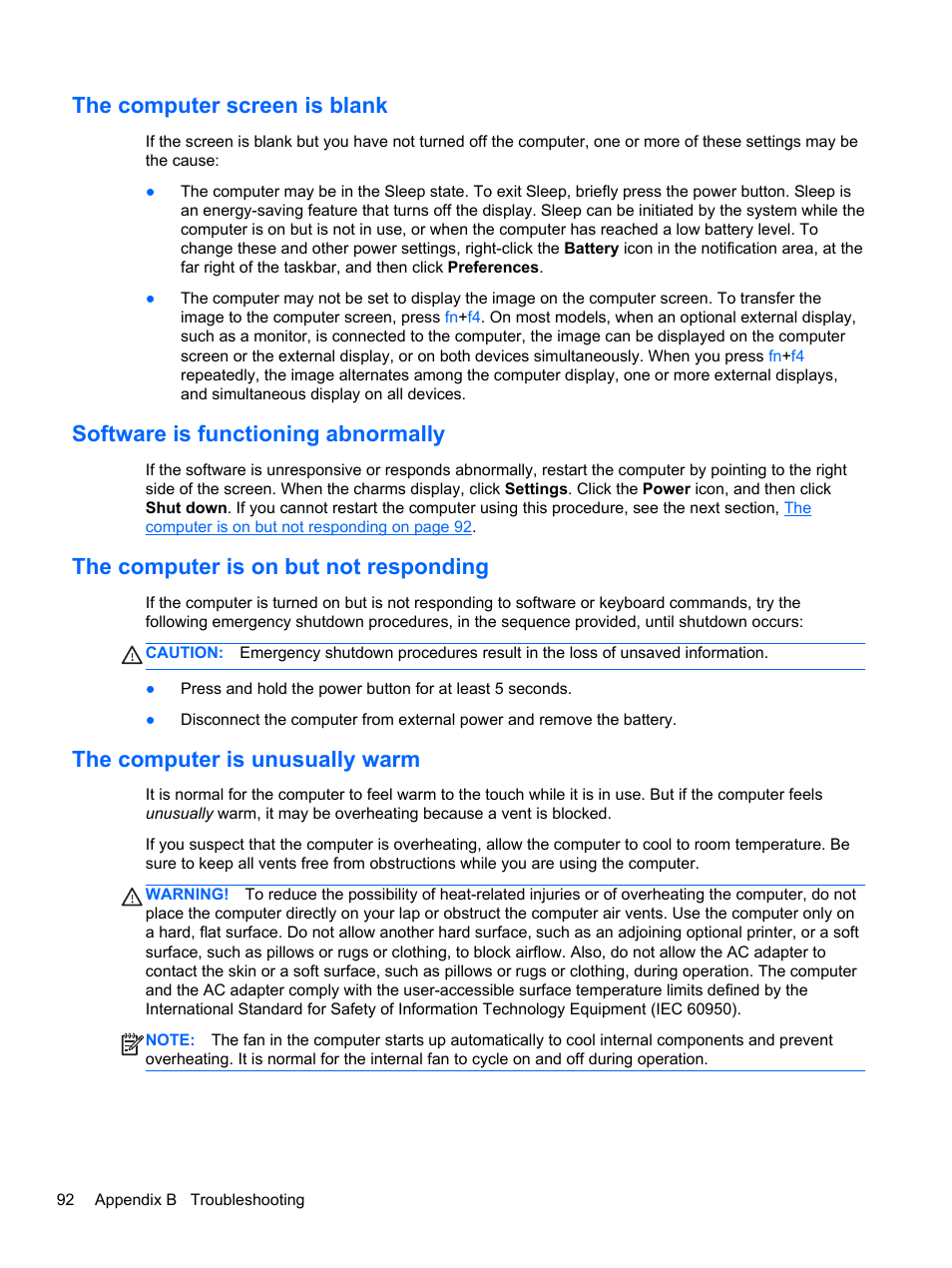 The computer screen is blank, Software is functioning abnormally, The computer is on but not responding | The computer is unusually warm | HP ProBook 4446s Notebook-PC User Manual | Page 102 / 110