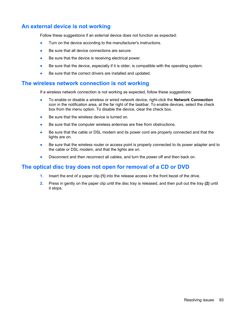 An external device is not working, The wireless network connection is not working | HP ProBook 4446s Notebook-PC User Manual | Page 103 / 110