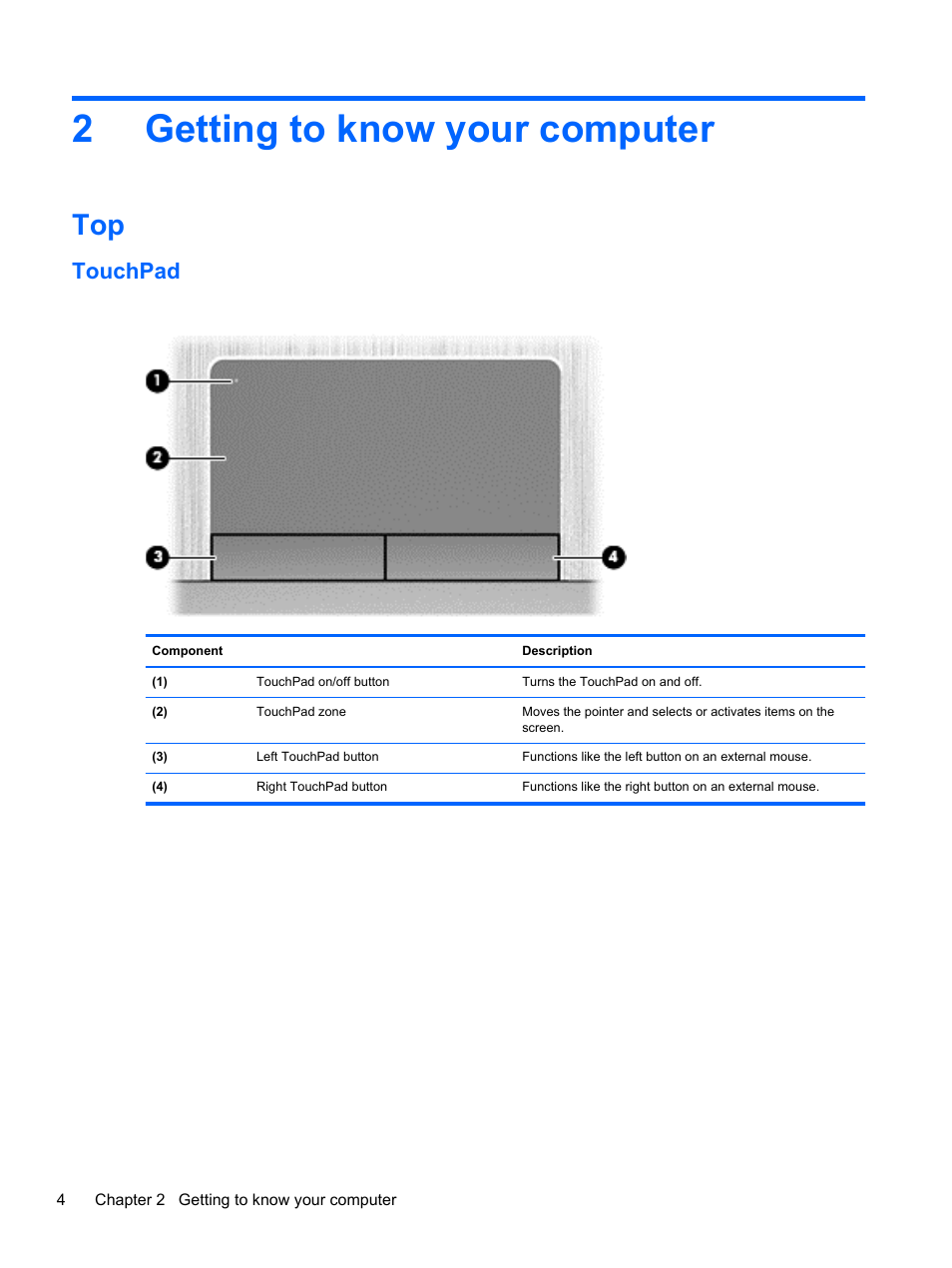 Getting to know your computer, Touchpad, 2 getting to know your computer | Getting to know, 2getting to know your computer | HP ProBook 4446s Notebook-PC User Manual | Page 14 / 110