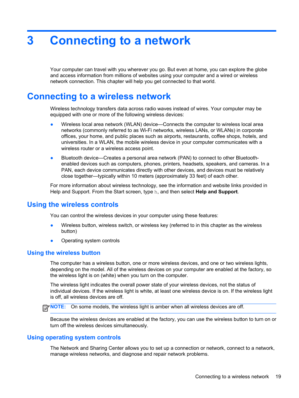 Connecting to a network, Connecting to a wireless network, Using the wireless controls | Using the wireless button, Using operating system controls, 3 connecting to a network, 3connecting to a network | HP ProBook 4446s Notebook-PC User Manual | Page 29 / 110