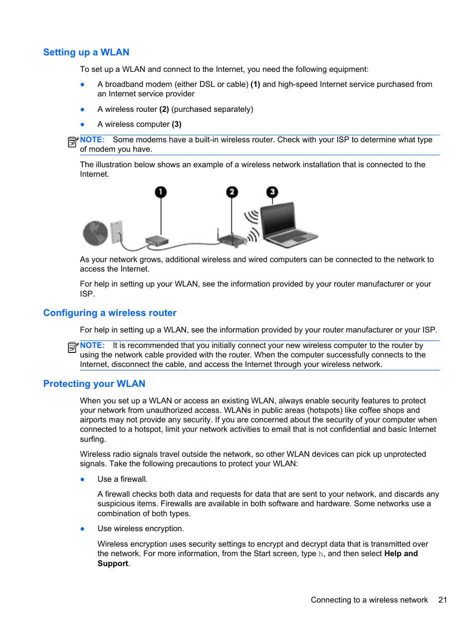 Setting up a wlan, Configuring a wireless router, Protecting your wlan | HP ProBook 4446s Notebook-PC User Manual | Page 31 / 110