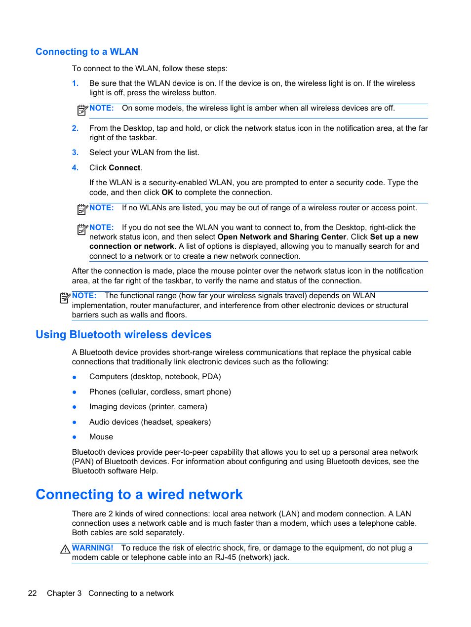 Connecting to a wlan, Using bluetooth wireless devices, Connecting to a wired network | HP ProBook 4446s Notebook-PC User Manual | Page 32 / 110