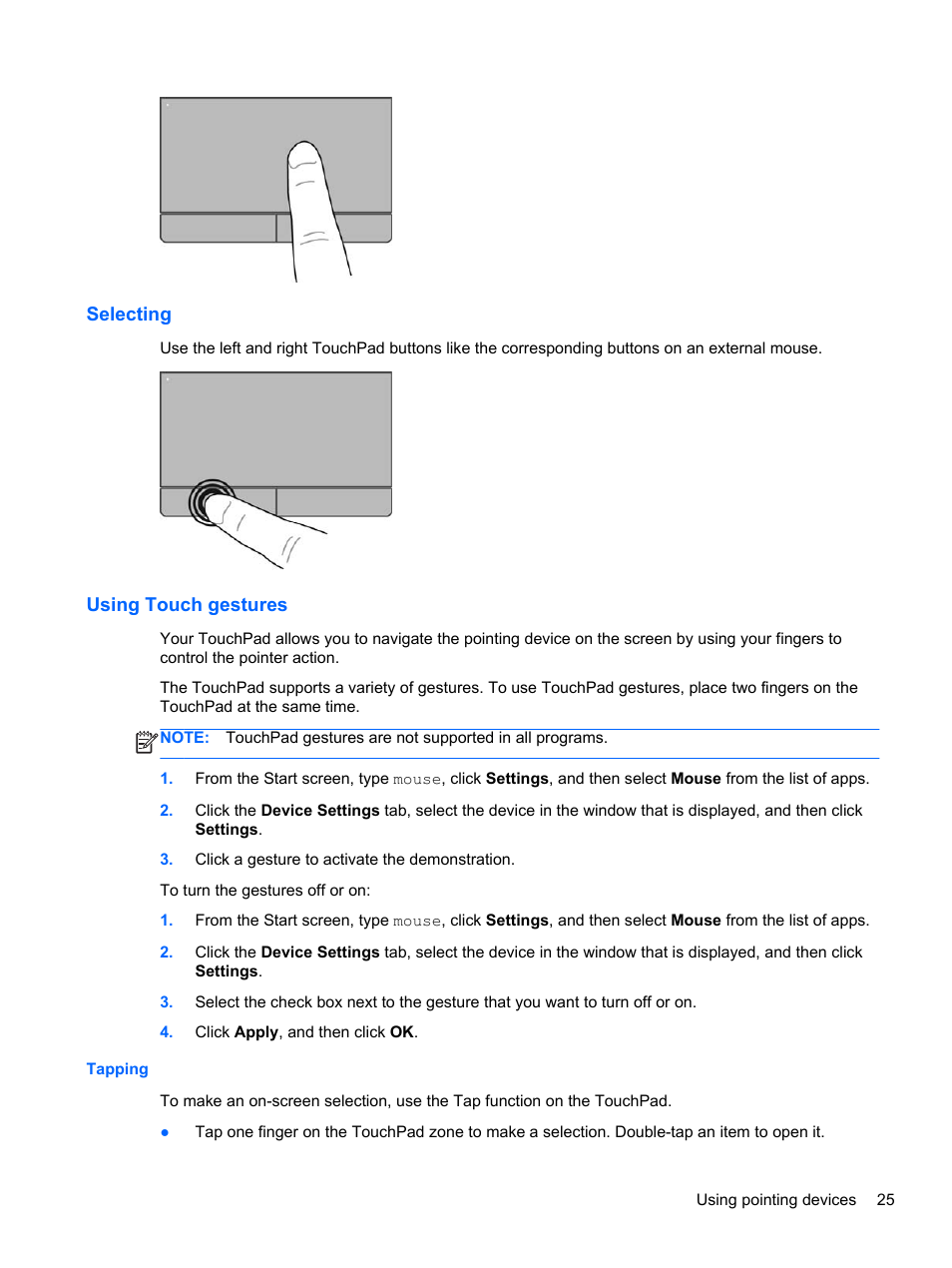 Selecting, Using touch gestures, Tapping | Selecting using touch gestures | HP ProBook 4446s Notebook-PC User Manual | Page 35 / 110