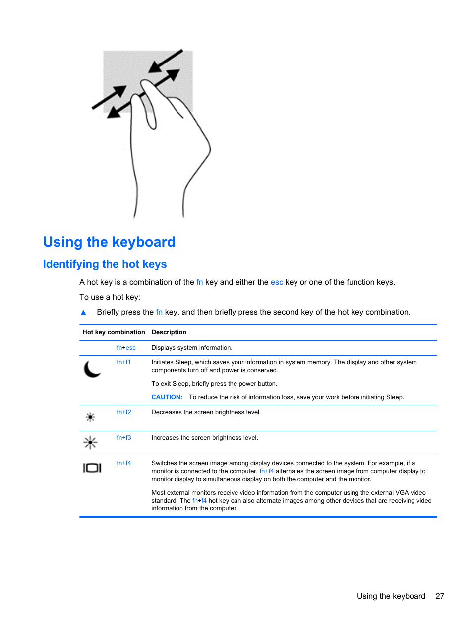 Using the keyboard, Identifying the hot keys | HP ProBook 4446s Notebook-PC User Manual | Page 37 / 110