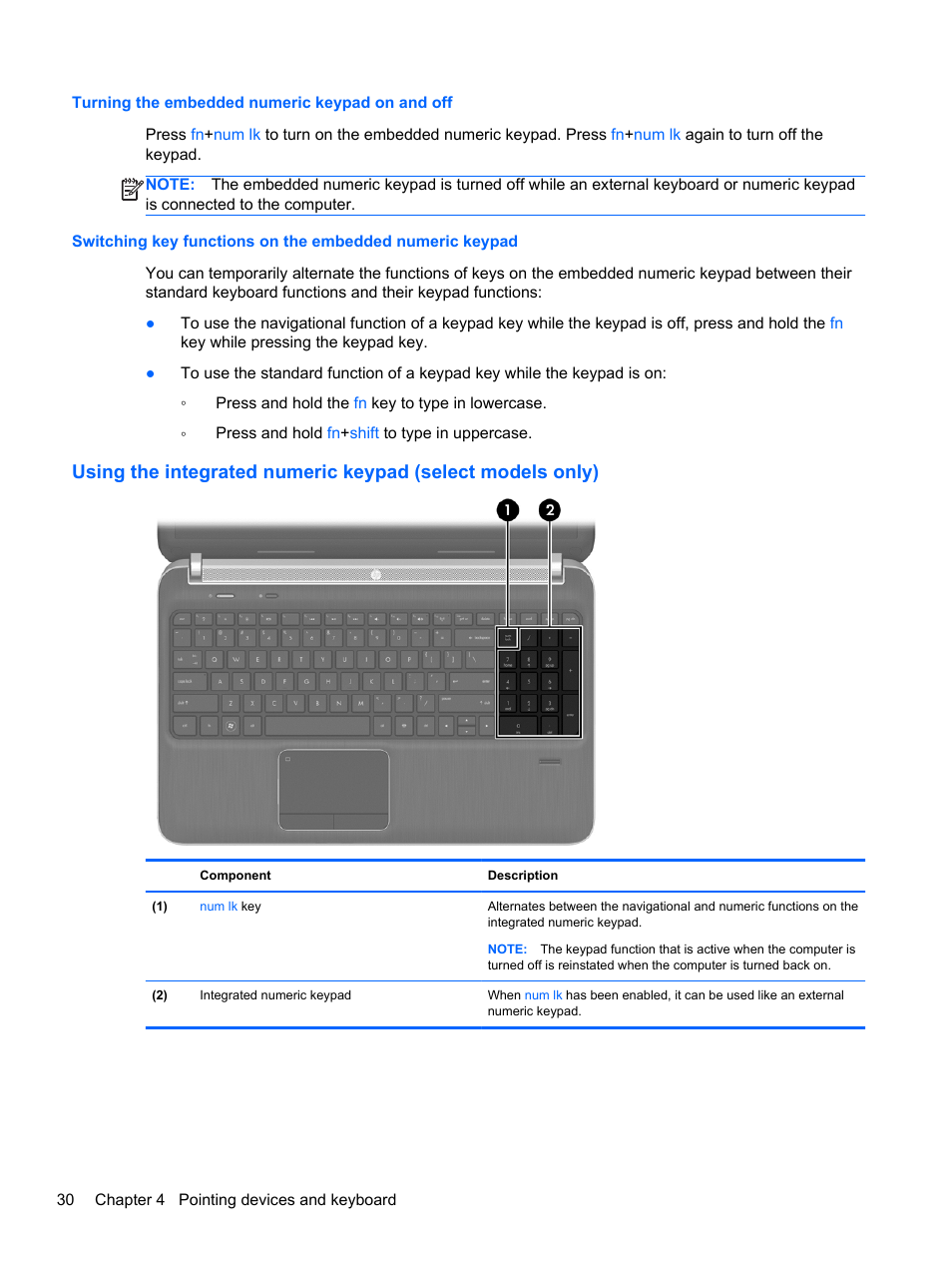 Turning the embedded numeric keypad on and off | HP ProBook 4446s Notebook-PC User Manual | Page 40 / 110