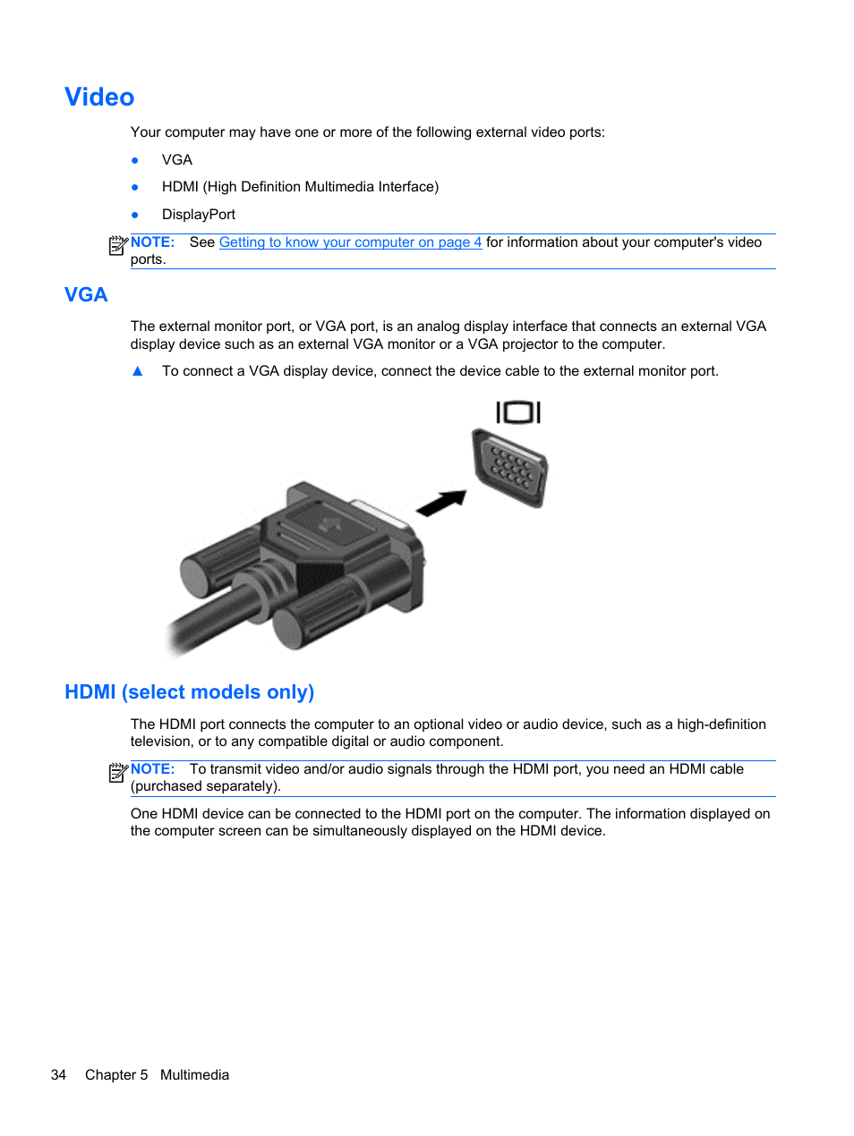 Video, Hdmi (select models only), Vga hdmi (select models only) | HP ProBook 4446s Notebook-PC User Manual | Page 44 / 110