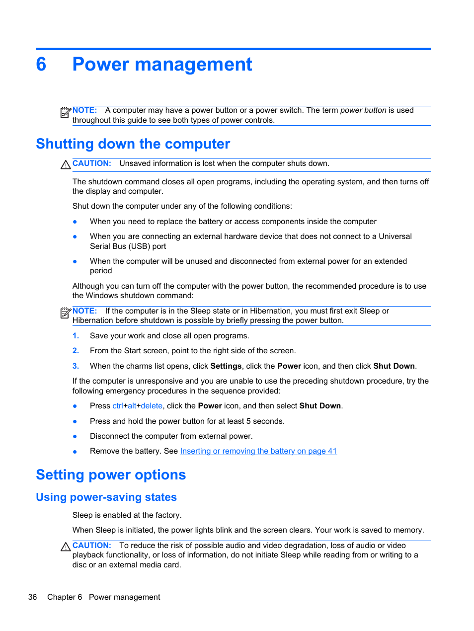 Power management, Shutting down the computer, Setting power options | Using power-saving states, 6 power management, Shutting down the computer setting power options, 6power management | HP ProBook 4446s Notebook-PC User Manual | Page 46 / 110