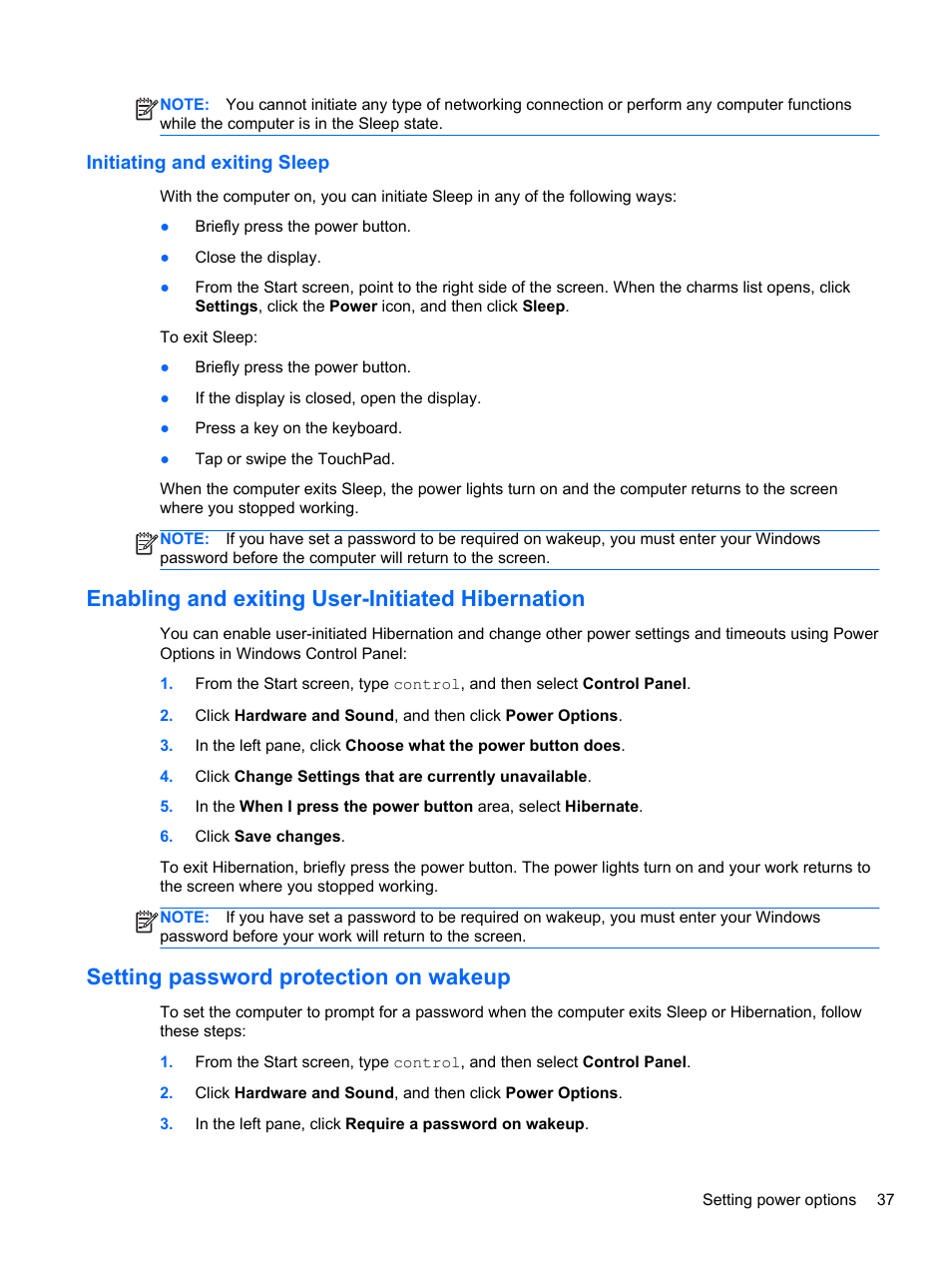 Initiating and exiting sleep, Enabling and exiting user-initiated hibernation, Setting password protection on wakeup | HP ProBook 4446s Notebook-PC User Manual | Page 47 / 110