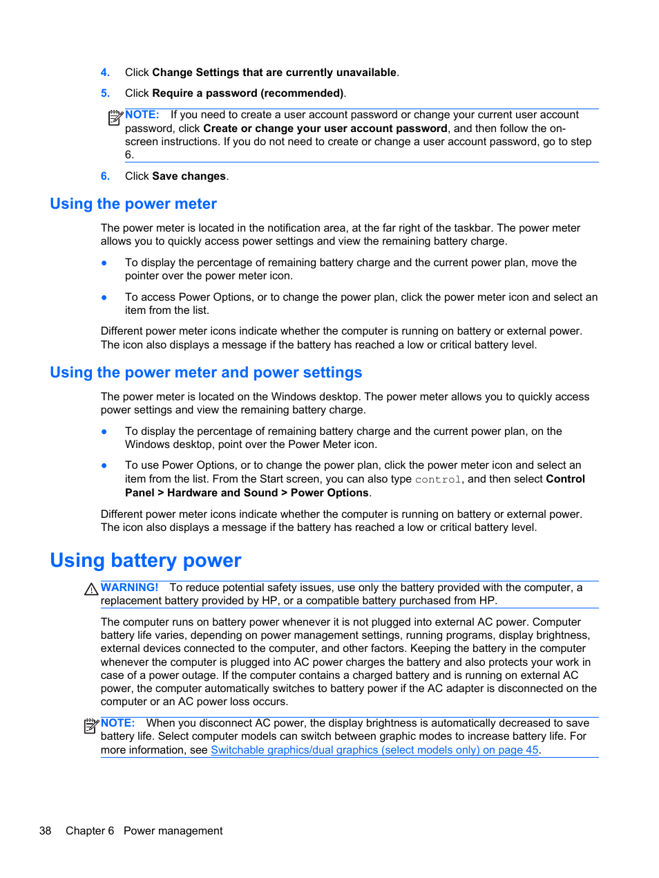 Using the power meter, Using the power meter and power settings, Using battery power | HP ProBook 4446s Notebook-PC User Manual | Page 48 / 110