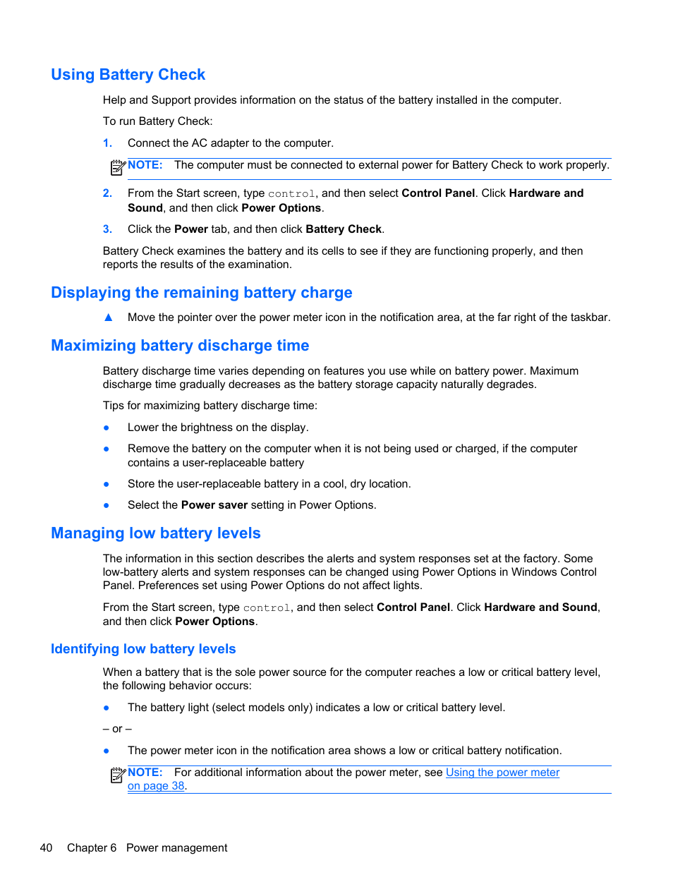 Using battery check, Displaying the remaining battery charge, Maximizing battery discharge time | Managing low battery levels, Identifying low battery levels | HP ProBook 4446s Notebook-PC User Manual | Page 50 / 110