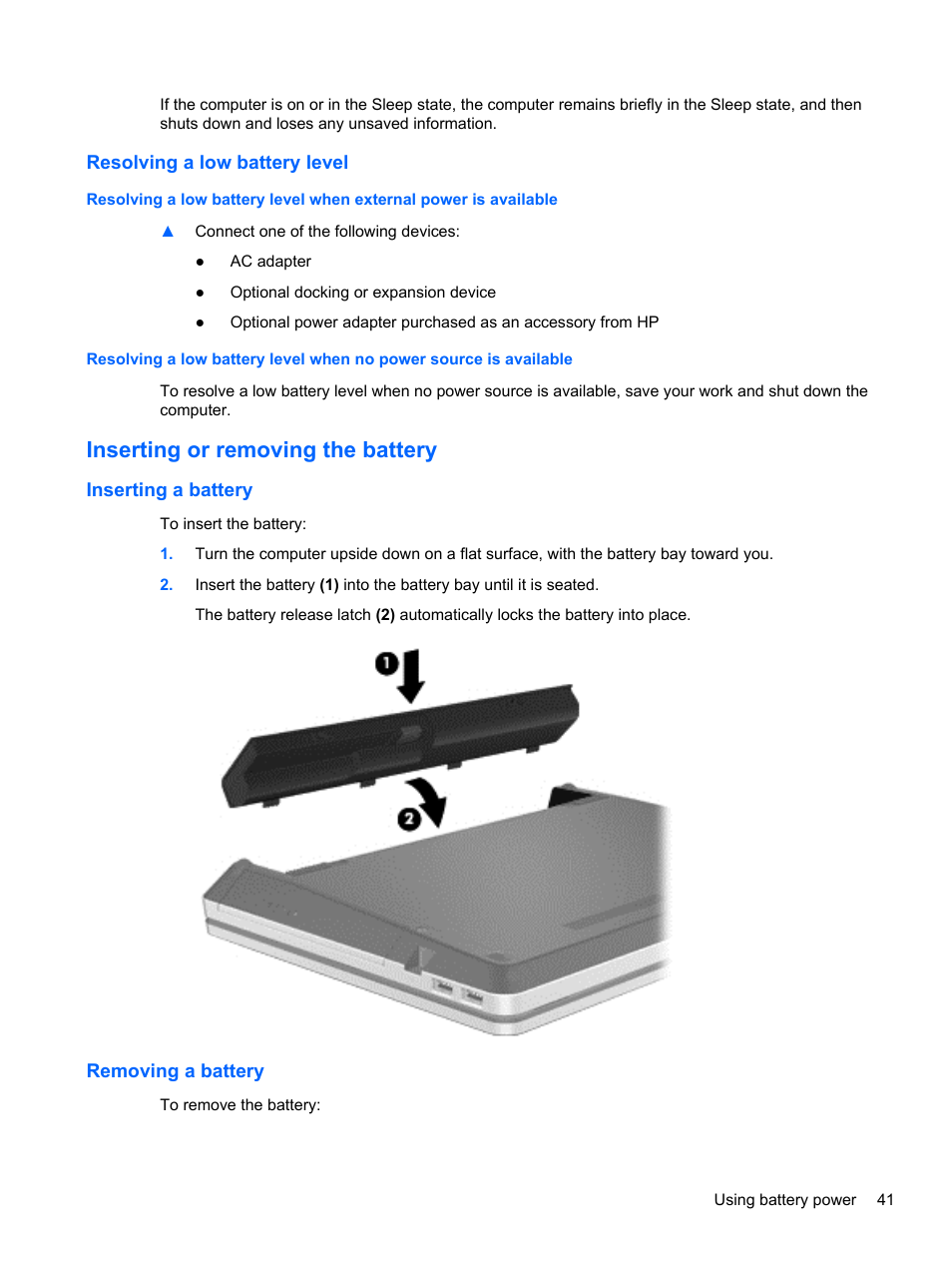 Resolving a low battery level, Inserting or removing the battery, Inserting a battery | Removing a battery, Inserting a battery removing a battery | HP ProBook 4446s Notebook-PC User Manual | Page 51 / 110