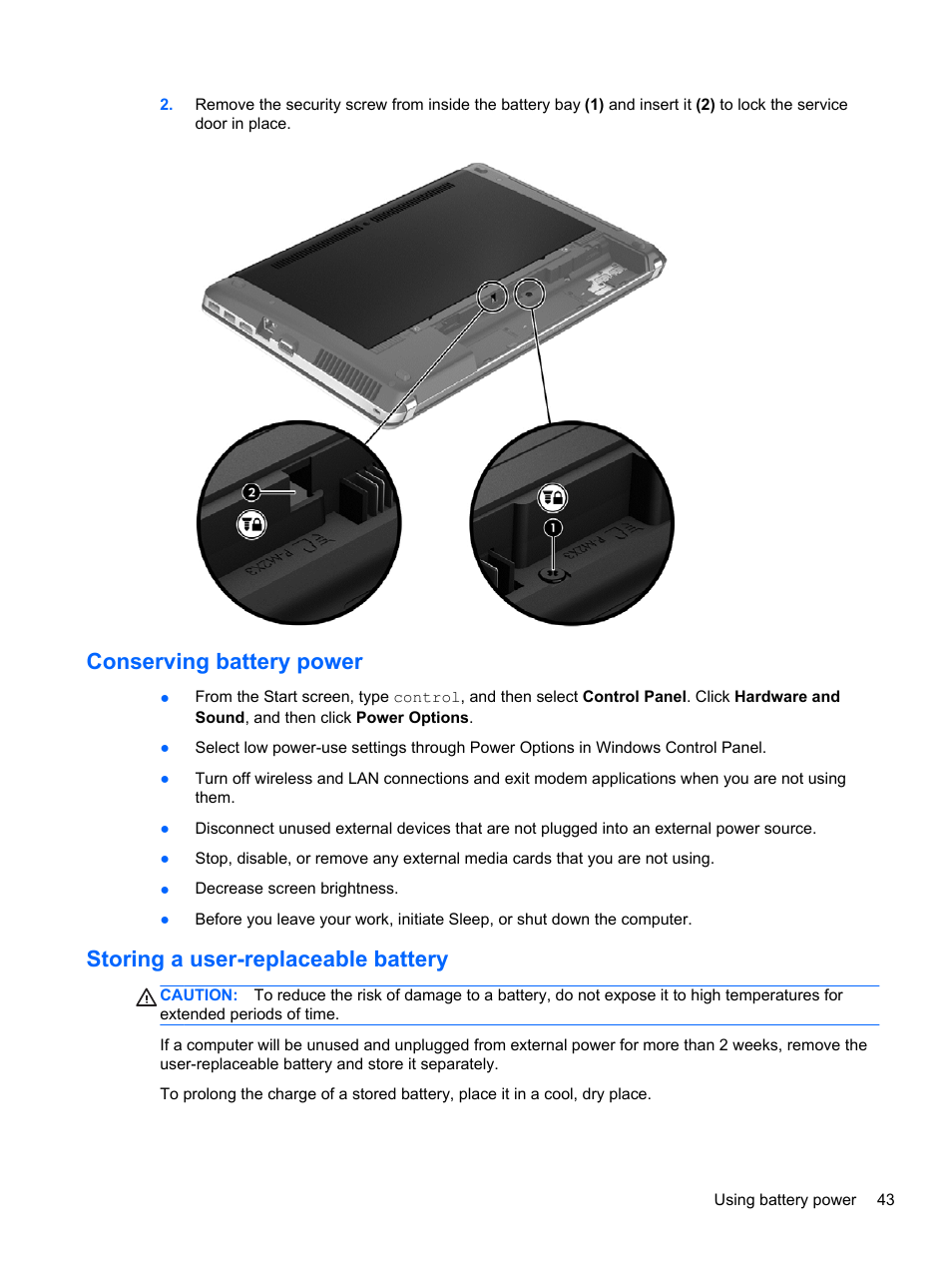 Conserving battery power, Storing a user-replaceable battery | HP ProBook 4446s Notebook-PC User Manual | Page 53 / 110