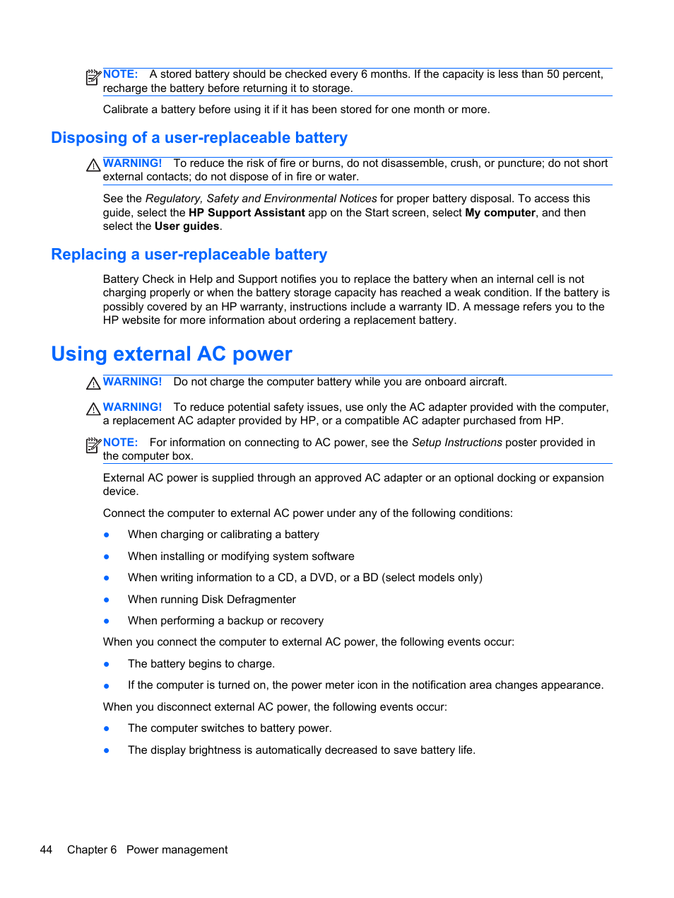 Disposing of a user-replaceable battery, Replacing a user-replaceable battery, Using external ac power | HP ProBook 4446s Notebook-PC User Manual | Page 54 / 110