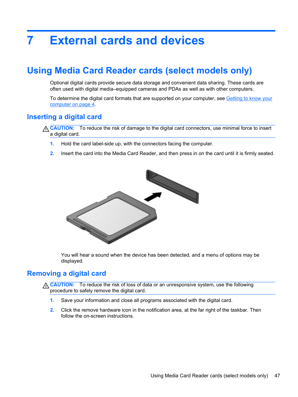 External cards and devices, Using media card reader cards (select models only), Inserting a digital card | Removing a digital card, 7 external cards and devices, Inserting a digital card removing a digital card, 7external cards and devices | HP ProBook 4446s Notebook-PC User Manual | Page 57 / 110