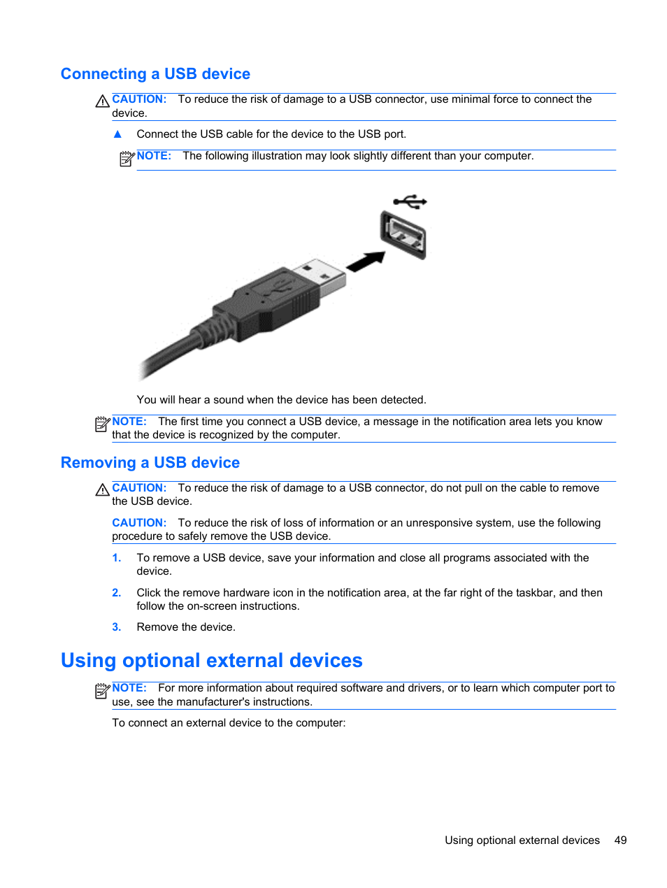 Connecting a usb device, Removing a usb device, Using optional external devices | Connecting a usb device removing a usb device | HP ProBook 4446s Notebook-PC User Manual | Page 59 / 110