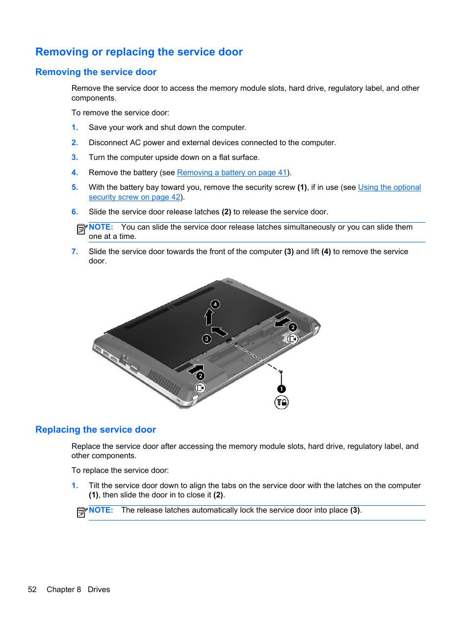 Removing or replacing the service door, Removing the service door, Replacing the service door | HP ProBook 4446s Notebook-PC User Manual | Page 62 / 110