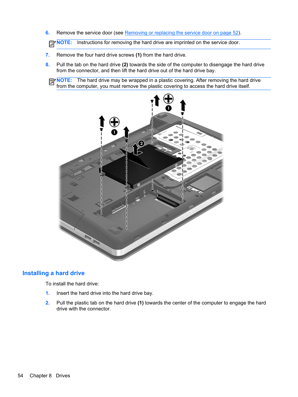 Installing a hard drive | HP ProBook 4446s Notebook-PC User Manual | Page 64 / 110