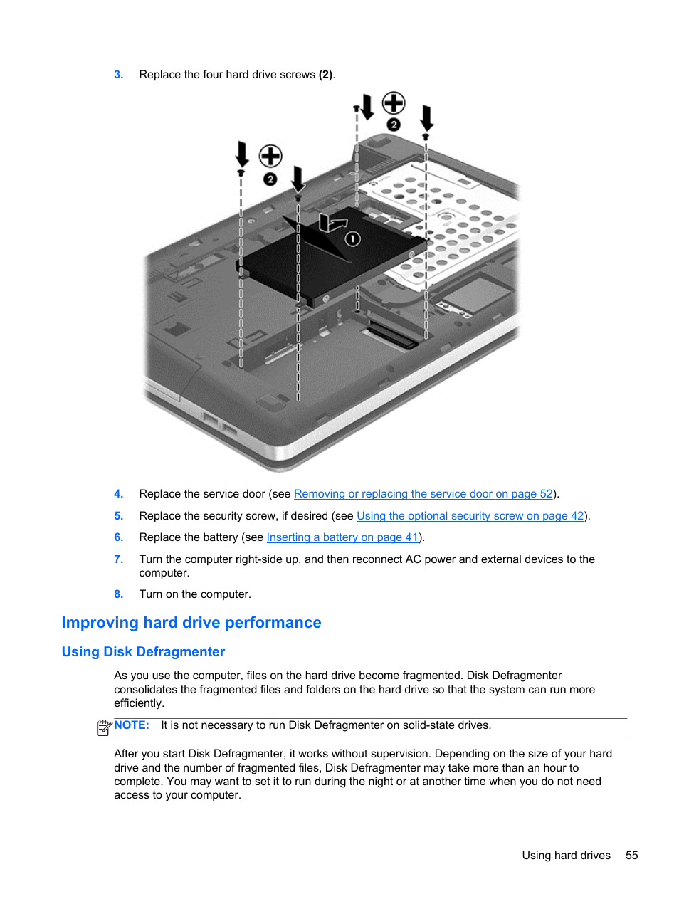 Improving hard drive performance, Using disk defragmenter | HP ProBook 4446s Notebook-PC User Manual | Page 65 / 110