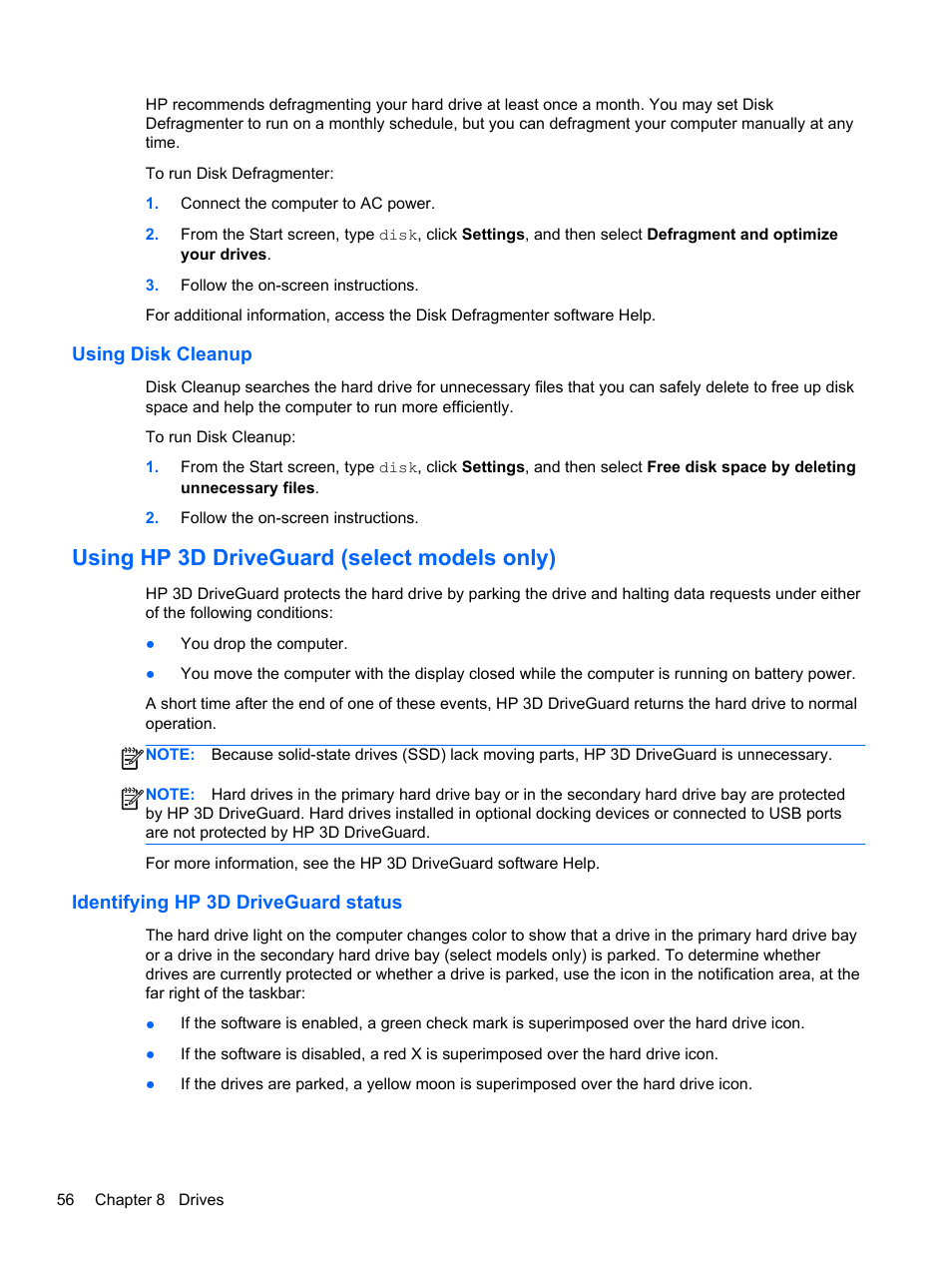 Using disk cleanup, Using hp 3d driveguard (select models only), Identifying hp 3d driveguard status | HP ProBook 4446s Notebook-PC User Manual | Page 66 / 110
