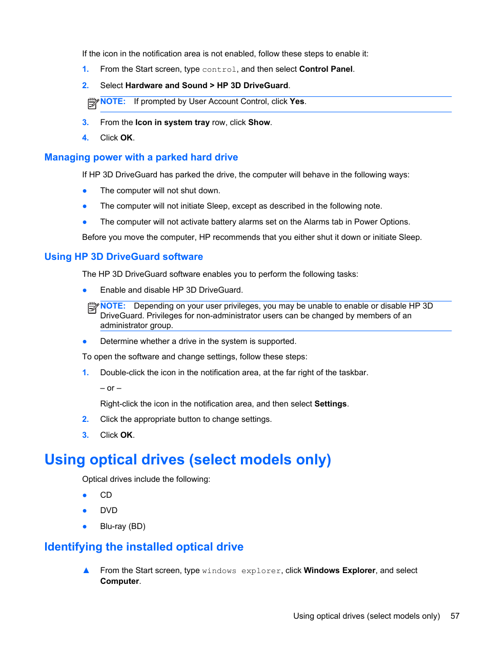 Managing power with a parked hard drive, Using hp 3d driveguard software, Using optical drives (select models only) | Identifying the installed optical drive | HP ProBook 4446s Notebook-PC User Manual | Page 67 / 110