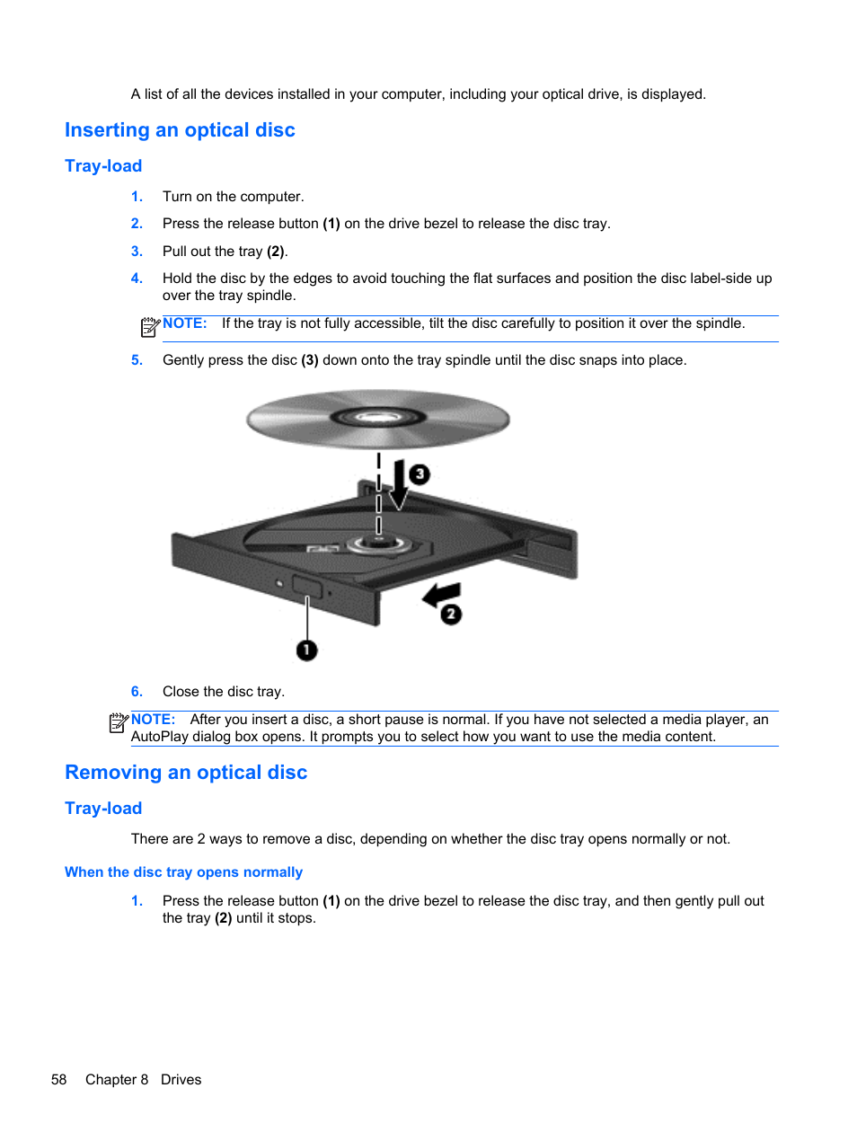 Inserting an optical disc, Tray-load, Removing an optical disc | When the disc tray opens normally | HP ProBook 4446s Notebook-PC User Manual | Page 68 / 110