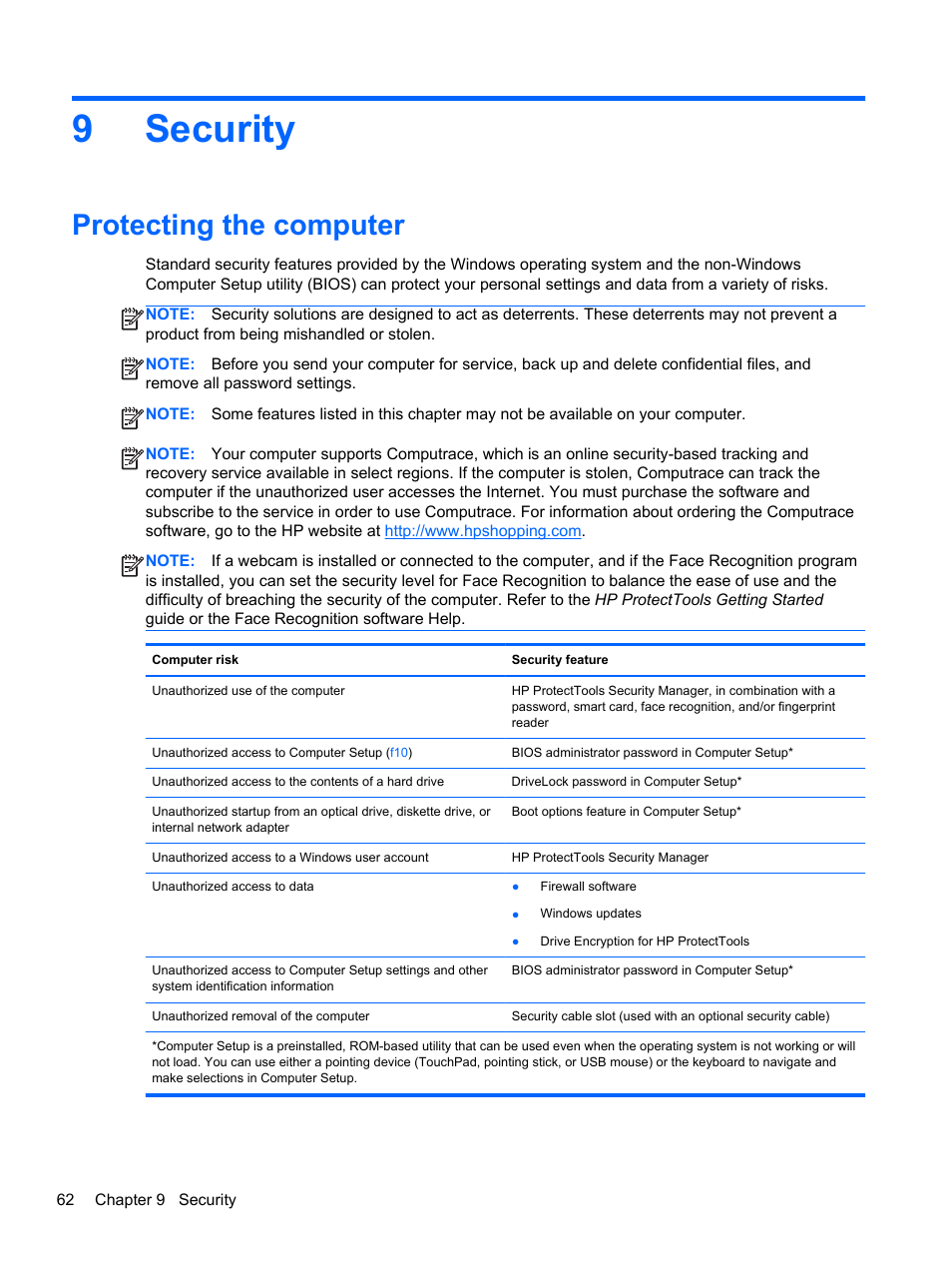 Security, Protecting the computer, 9 security | 9security | HP ProBook 4446s Notebook-PC User Manual | Page 72 / 110
