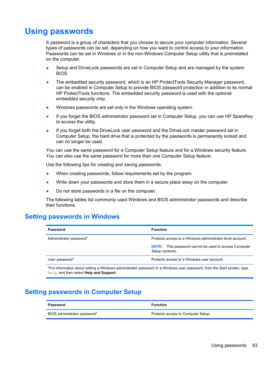 Using passwords, Setting passwords in windows, Setting passwords in computer setup | HP ProBook 4446s Notebook-PC User Manual | Page 73 / 110